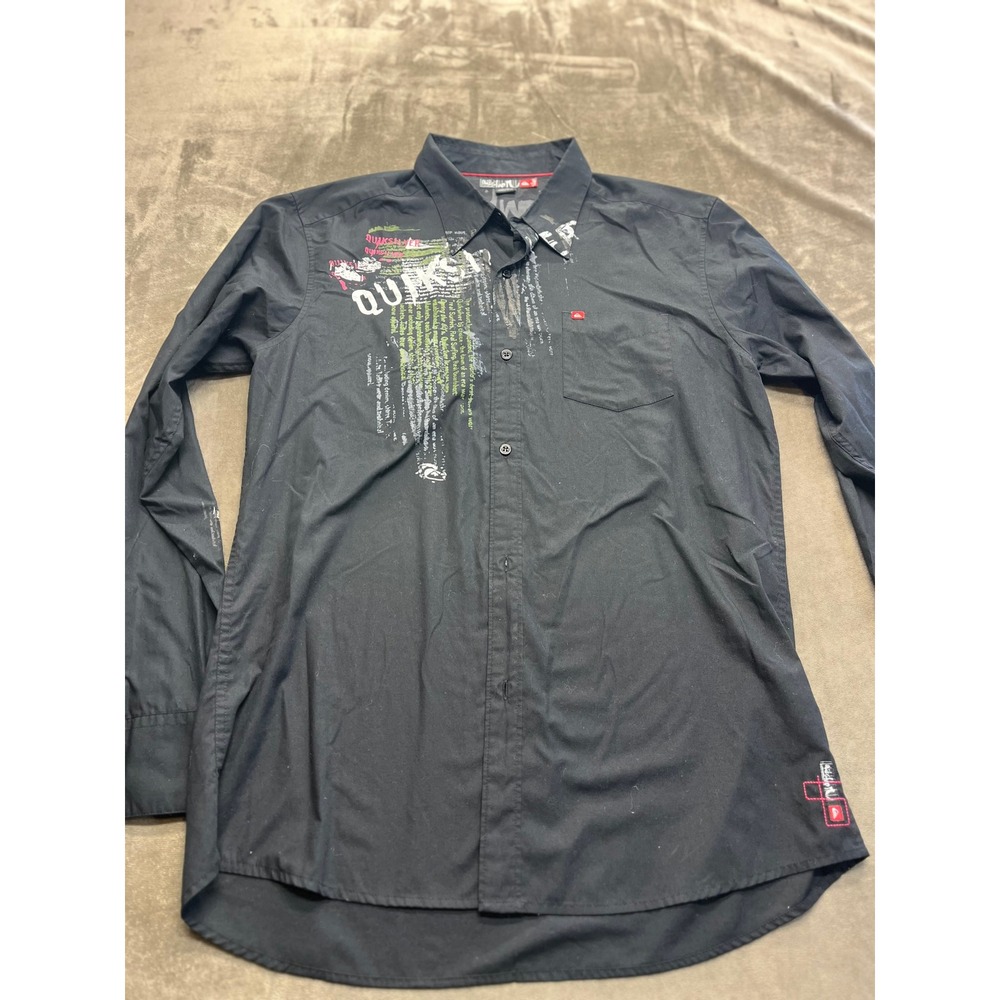 Quiksilver Mens XL Slim Fit Button Down Shirt Black Graphic Printโ Long Sleeve
